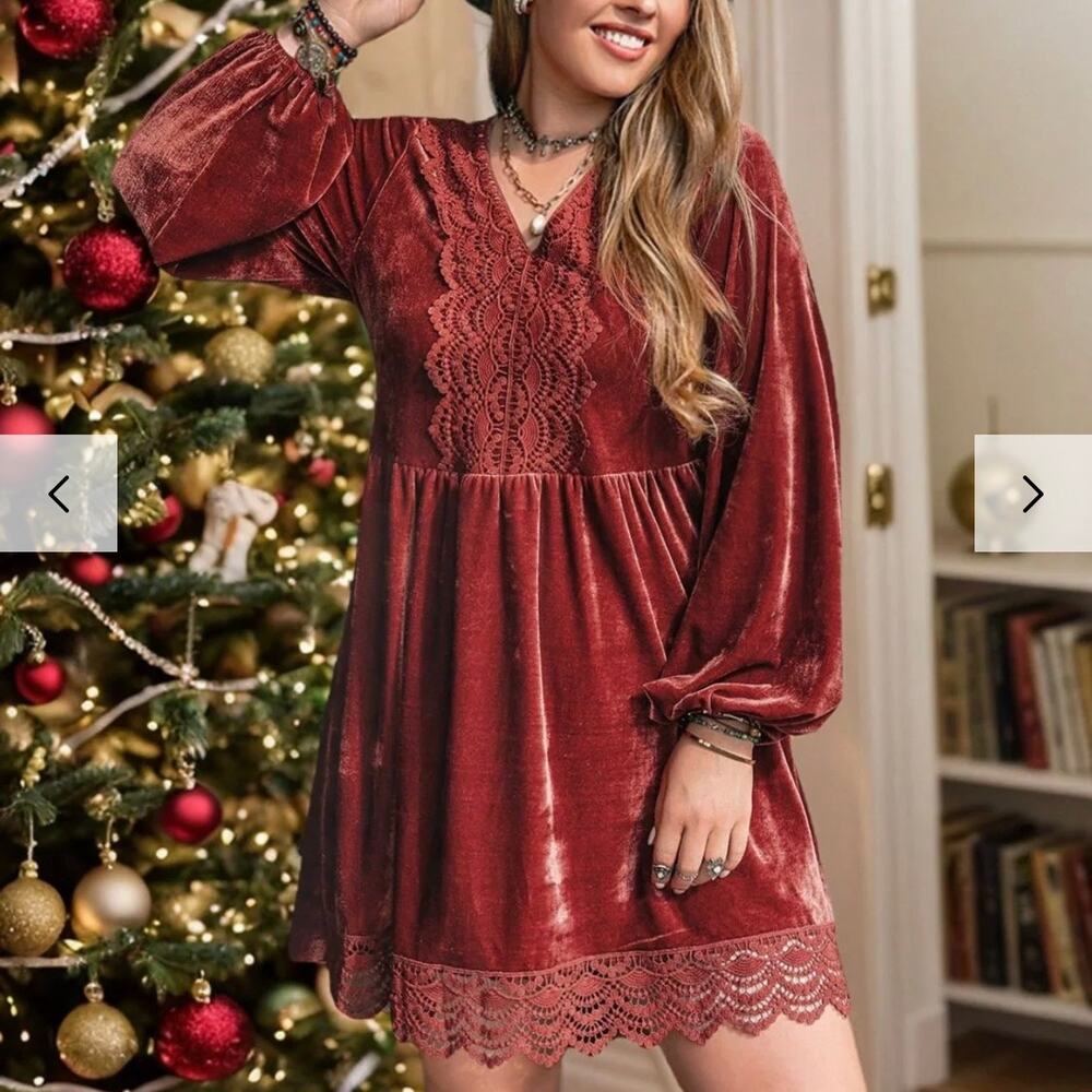 Rust Velvet Lace Mini Dress 3XL | Whimsigoth Fairycore Boho Witchy Romantic - Picture 8 of 16